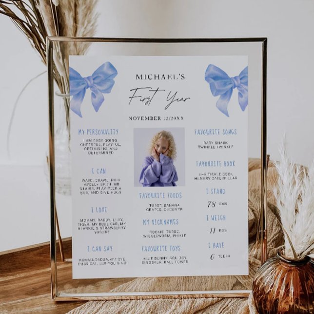 Poster Conselho de Etapa do primeiro aniversario Azul (Blue Bow 1st Birthday Milestone Board Poster)