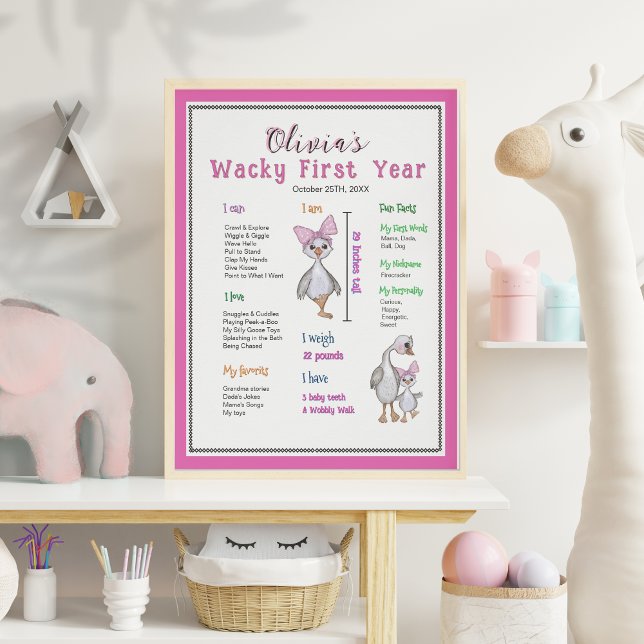 Pôster Conselho do Marinheiro Rosa (Pink Whimsical Goose Birthday Milestone Board Poster)