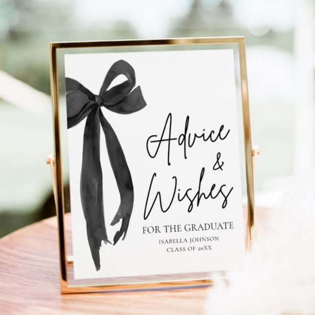 Poster Conselhos e Desejos de Formandos de Partes Formand (Modern Coquette Black Bow Graduation Party Graduate High School Advice and Wishes Sign)