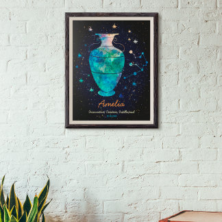 Poster Constelação de Aquário Zodíaco Galáxia Aquarela