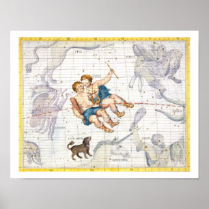 Pôster Constelação de Gêmeos com menor de Canis, placa