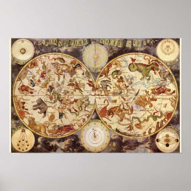 Poster Constelações, Astronomia Vintage, Frederik de Wit (Frente)
