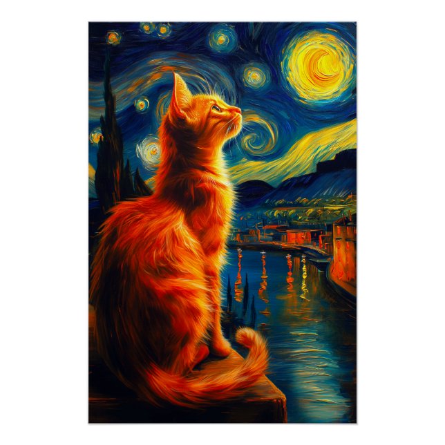 Pôster Contemplative Ginger Cat | Starry Night Sky (Frente)