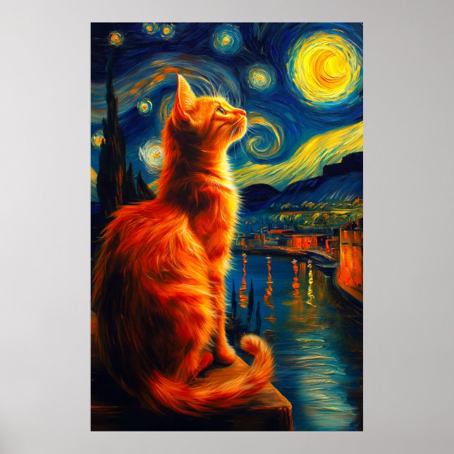 Poster Contemplative Ginger Cat | Starry Night Sky (Frente)