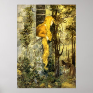 Pôster Conto de fadas do vintage, Rapunzel com cabelo