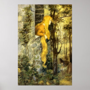 Pôster Conto de fadas do vintage, Rapunzel com cabelo