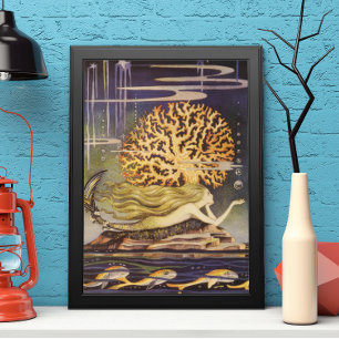 Pôster Conto de Fadas Vintage, Pequena Sereia em Coral Oc