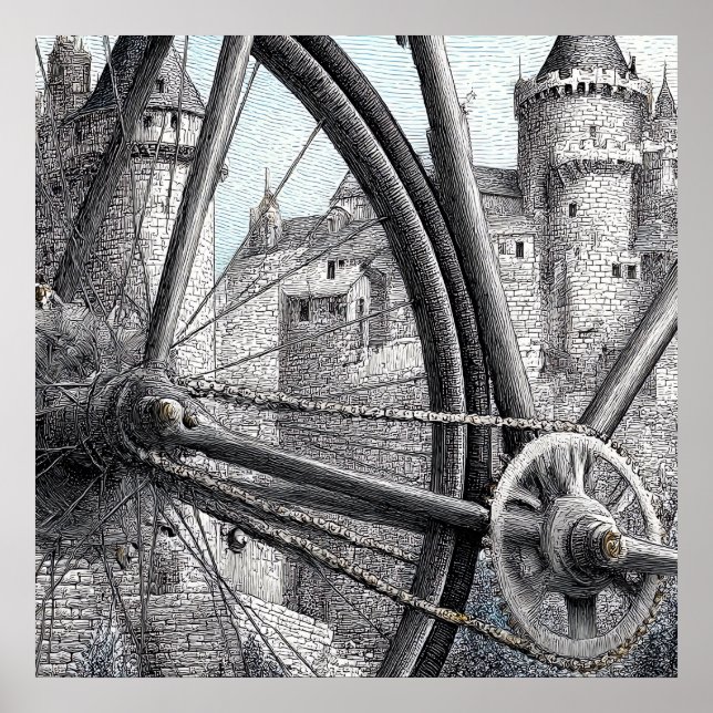 Poster Contraste Mecânico: Design de Bicicleta Medieval (Frente)