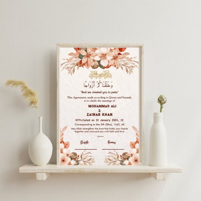 Poster Contrato de Luxury Rosa Dourado Floral Frame Nikah (Criador carregado)