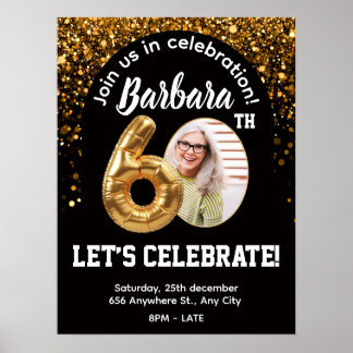Poster Convite de Aniversário Confete Preto Dourado 60º