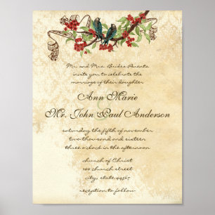 Pôster Convite de casamento Musical Vintage Teal Bird Red