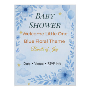 Pôster Convite de Chá de Bebê Pacote de Alegria Azul Flor