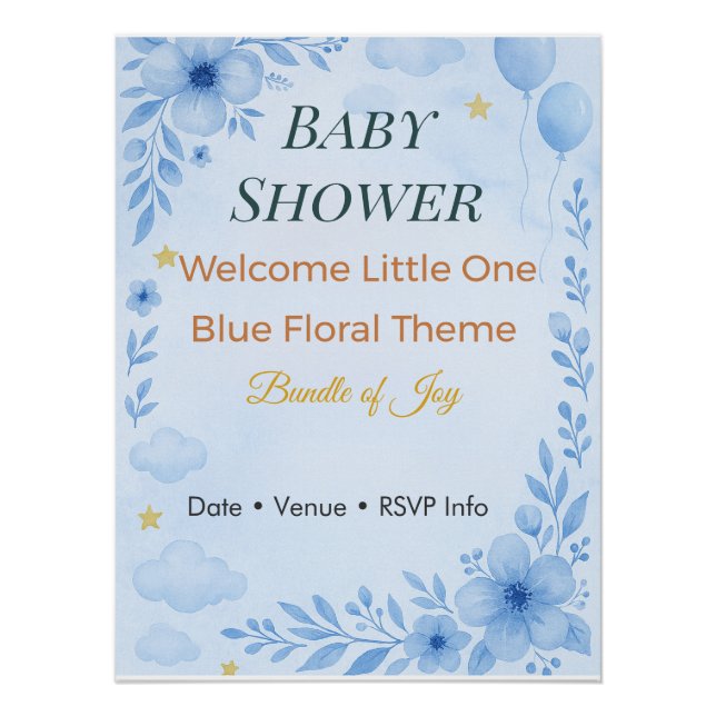 Pôster Convite de Chá de Bebê Pacote de Alegria Azul Flor (Frente)