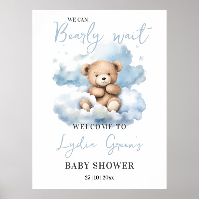 Poster Convite de Chá de Bebê Urso de Pelúcia, Mal Posso  (Frente)