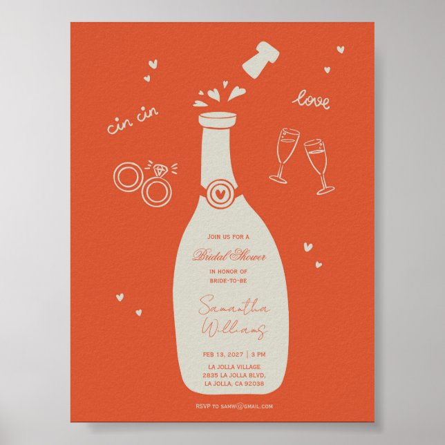Poster Convite de Chuveiro Nupcial de Champanhe Desenhado (Frente)