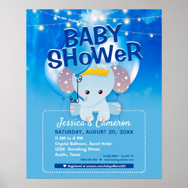 Poster Convite de festa de bebê com elefante azul fofo e  (Frente)