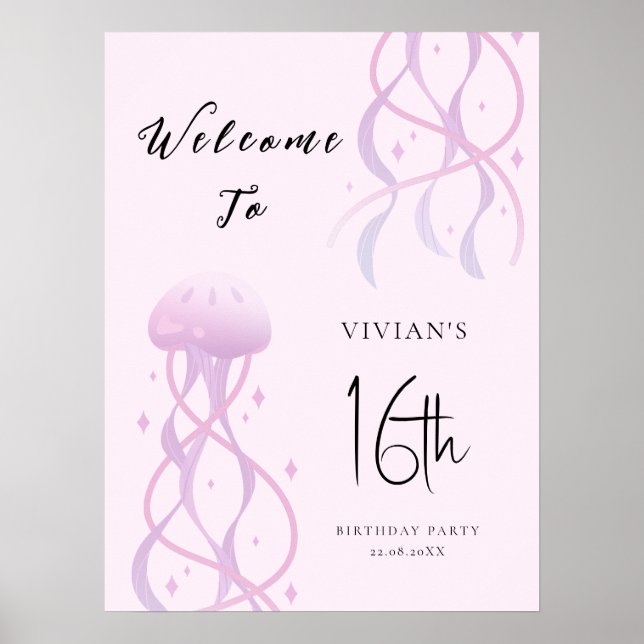 Poster Convite de festa de Sweet Sixteen cor de rosa Bech (Frente)
