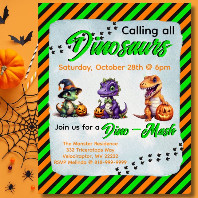 Poster Convite de festas Dino-Mash do Dinossaur do Hallow (Diagonal stripe Dinosaur Halloween Dino-Mash Invitation Poster)