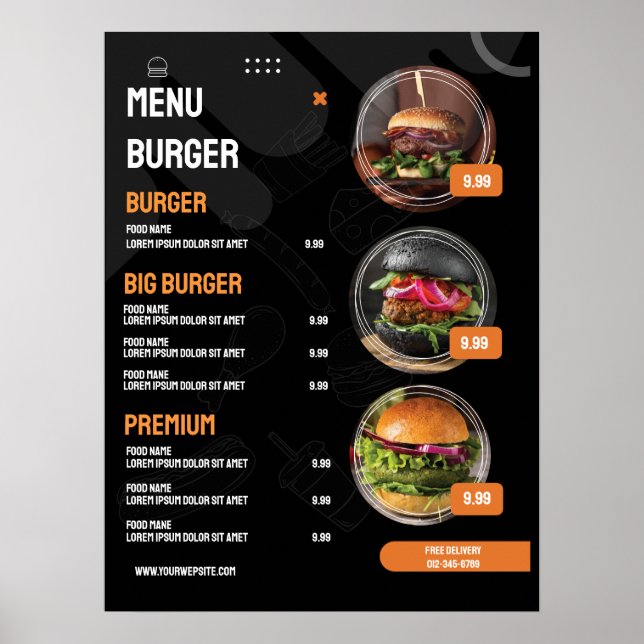 Poster Convite de Menu de Restaurante de Hambúrguer Elega (Frente)