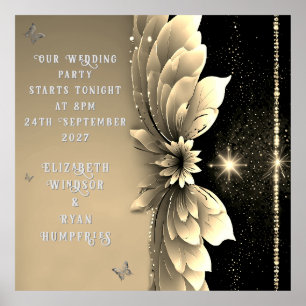 Poster Convite para Casamento Dourado Floral Metálico Mod