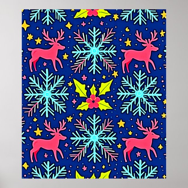 Poster Cool Blue Christmas Reindeer Pattern Design (Frente)
