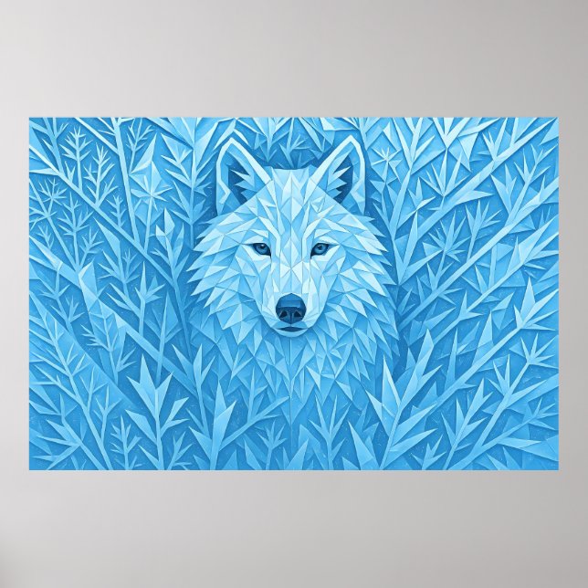 Poster Cool Blue Geometric Wolf Low Poly Abstract Wall Ar (Frente)