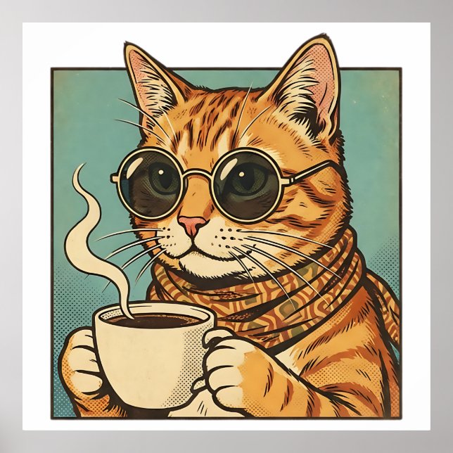 Poster Cool Cat Coffee Retro Style Design for Cat Lovers (Frente)
