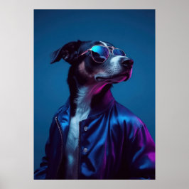 Poster Cool Dog in Blue Jacket - Retro Neon Animal