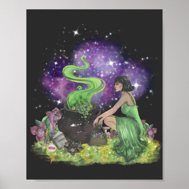 Poster Cool Halloween Beautiful Young Witch With Herbs  (Frente)