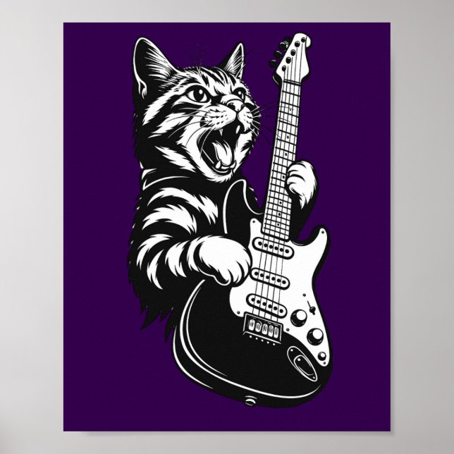 Poster Cool Music Love | Rock Cat Playing Electric Guitar (Frente)
