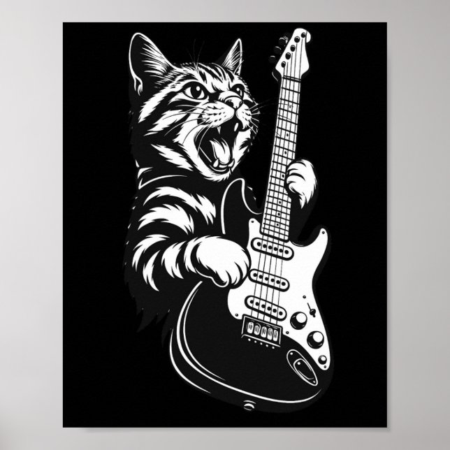 Poster Cool Music Love | Rock Cat Playing Electric Guitar (Frente)