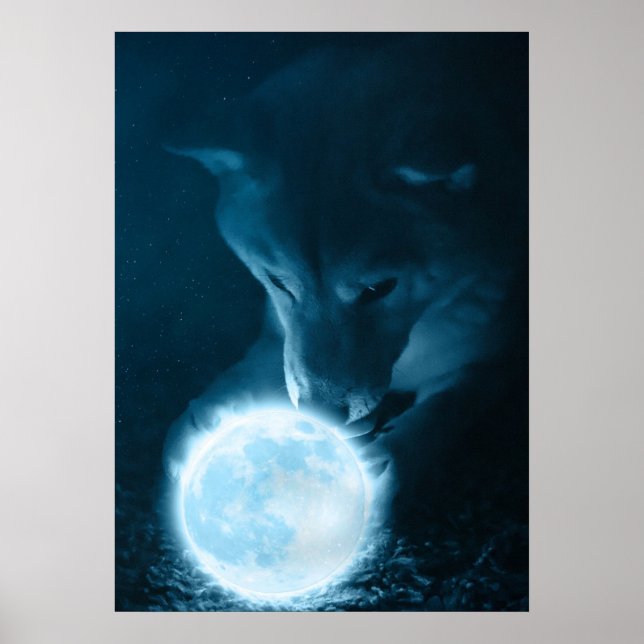 Poster Cool Mystical Fantasy Wolf Holding The Moon (Frente)