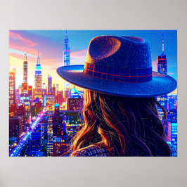 Poster Cool NYC Girl in Fedora Nightscape Buildings Art