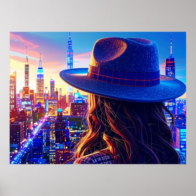 Poster Cool NYC Girl in Fedora Nightscape Buildings Art (Frente)