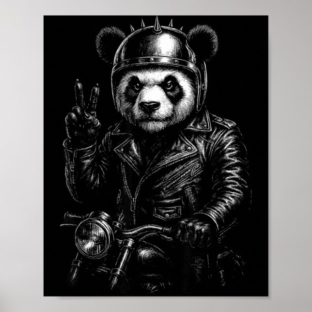 Poster Cool Panda Punk Peace Sign Motorcycle  (Frente)