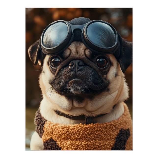 Pôster Cool Pug Dog with Aviator Goggles & Cozy Sweater (Frente)
