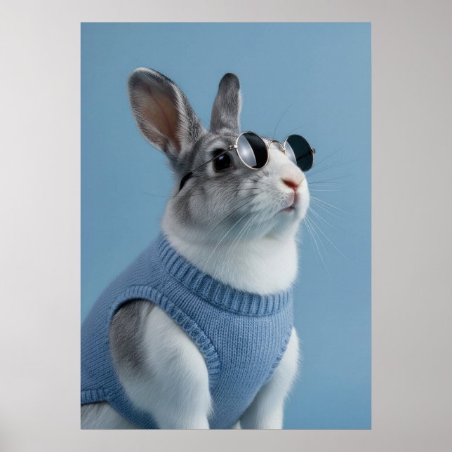 Poster Cool Rabbit in Blue Sweater and Round Sunglasses (Frente)