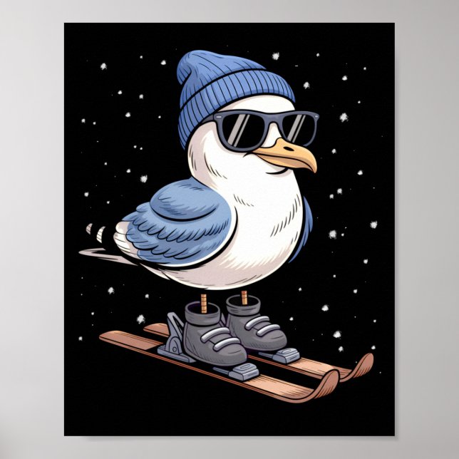 Poster Cool Seagull On Skis - Nordic Winter Seagulls Aprè (Frente)