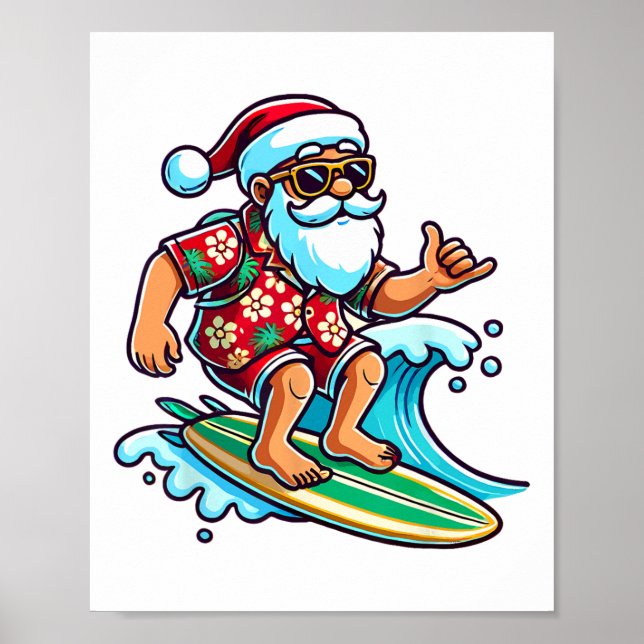 Poster Cool Surfing Santa Christmas In July Summer Beach  (Frente)