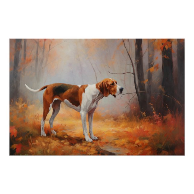 Pôster Coonhound Walker Arvoreengo entre Folhas de Outono (Frente)
