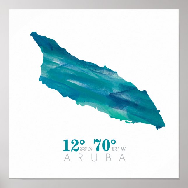 Pôster Coordenadas do Mapa de Aruba Água Azul Aquarela (Frente)