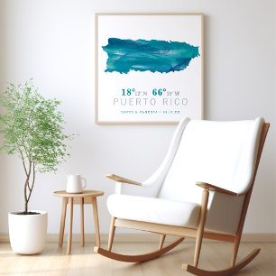 Poster Coordenadas do Mapa de Porto Rico em Aquarela Azul