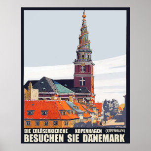 Poster Copenhaga, Dinamarca. Casas em centro e igreja