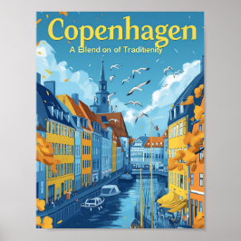 Poster Copenhaga Dinamarca Vintage Art Viagem Illustração