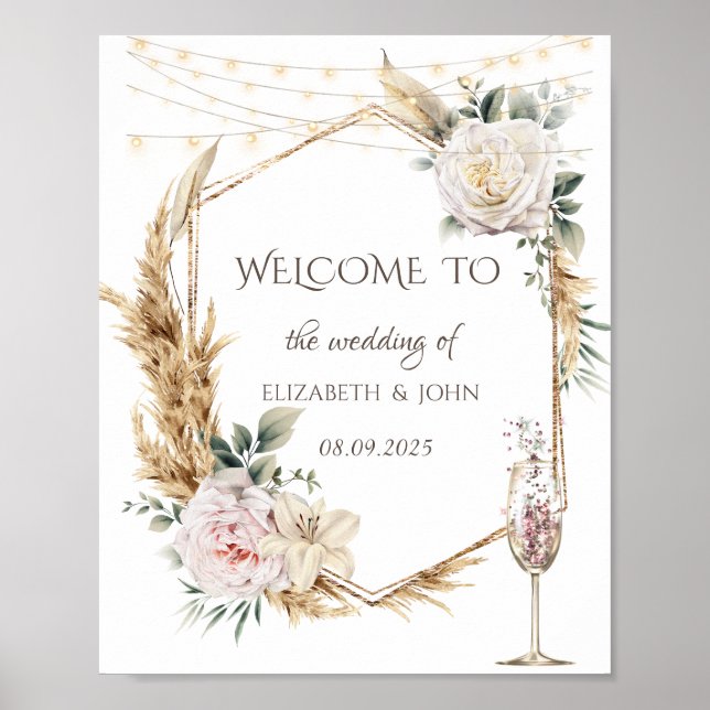 Poster Copo de Champagne com Moldura Dourada Floral (Frente)