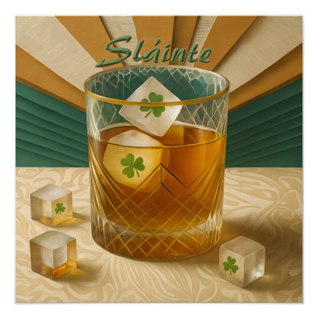 Pôster Copo de Uísque Irlandês Shamrock Ice "Sláinte!" (Frente)