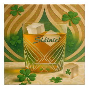 Pôster Copo de uísque irlandês Shamrocks "Sláinte!"