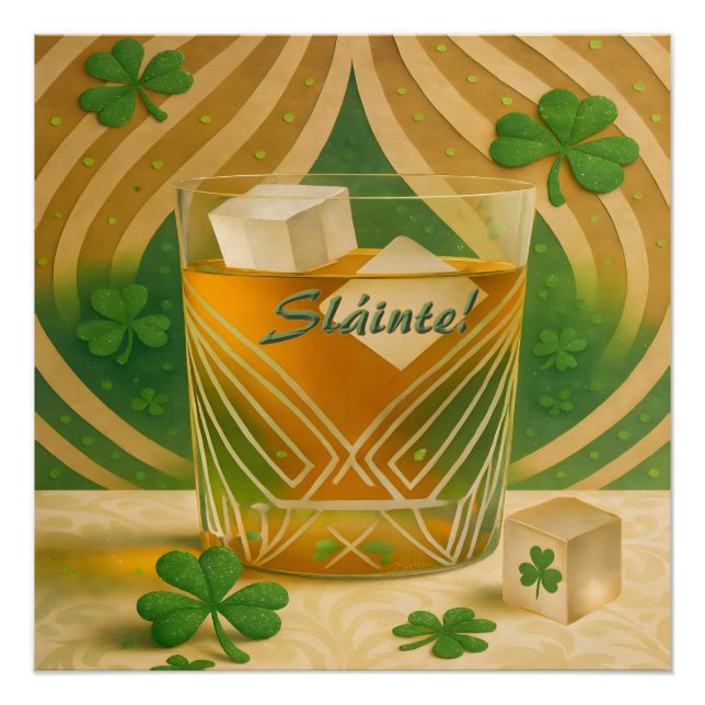 Pôster Copo de uísque irlandês Shamrocks "Sláinte!" (Frente)