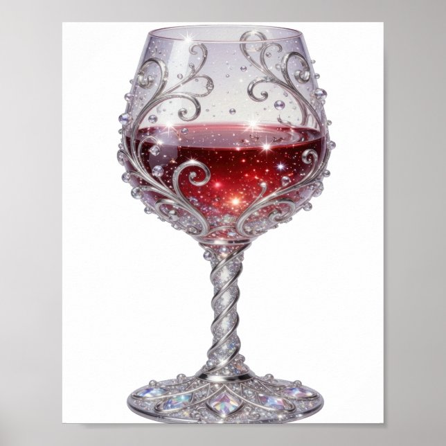 Poster Copo de vinho tinto prateado elegante com arte de  (Frente)