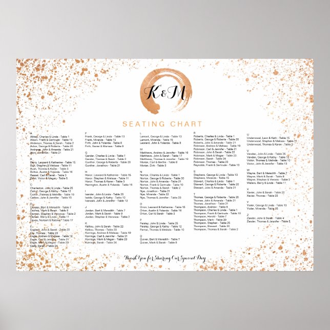 Pôster Copper Spray Wedding Seating Chart A-Z, por nome (Frente)